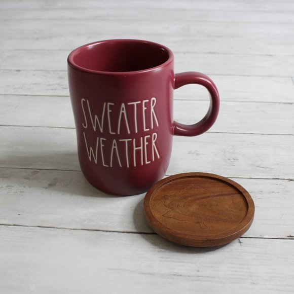 Fall Rae Dunn Coffee Mug Sweater Weather Burgundy Red Brown Wooden - Picture 1 of 5